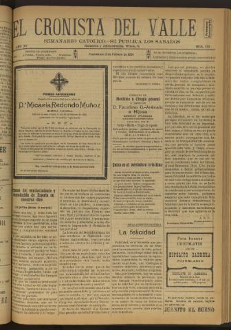'El Cronista del Valle' - Época 1ª Año XV Número 725 - 1924 febrero 02