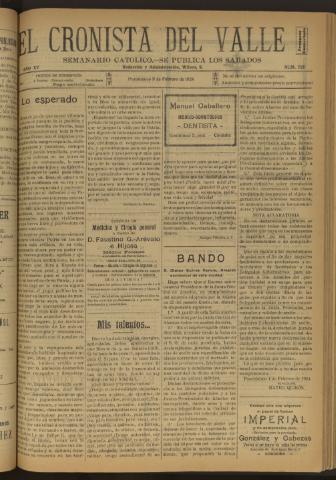 'El Cronista del Valle' - Época 1ª Año XV Número 726 - 1924 febrero 09