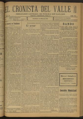 'El Cronista del Valle' - Época 1ª Año XV Número 729 - 1924 marzo 01