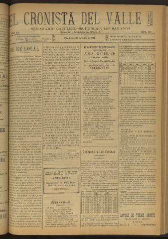 'El Cronista del Valle' - Época 1ª Año XV Número 735 - 1924 abril 12