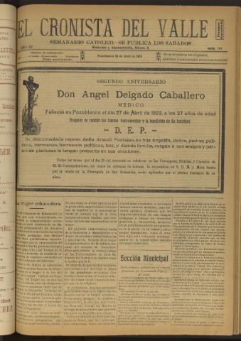 'El Cronista del Valle' - Época 1ª Año XV Número 737 - 1924 abril 26