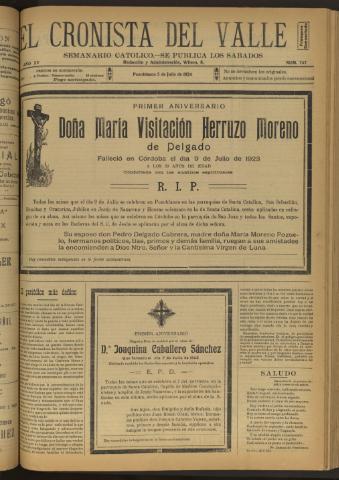 'El Cronista del Valle' - Época 1ª Año XV Número 747 - 1924 julio 05