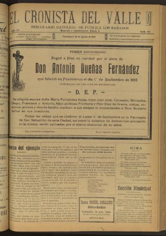 'El Cronista del Valle' - Época 1ª Año XV Número 755 - 1924 agosto 30