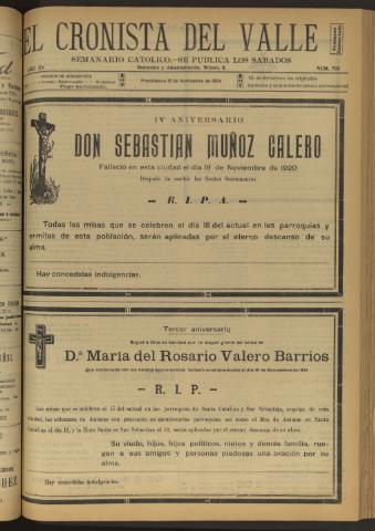 'El Cronista del Valle' - Época 1ª Año XV Número 766 - 1924 noviembre 15