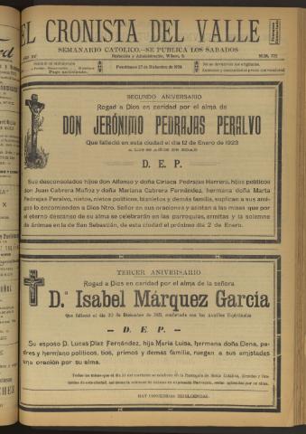 'El Cronista del Valle' - Época 1ª Año XV Número 772 - 1924 diciembre 27