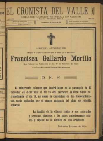 'El Cronista del Valle' - Época 1ª Año XVII Número 831 - 1926 febrero 13