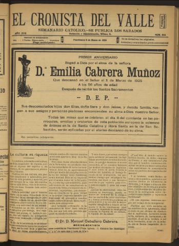 'El Cronista del Valle' - Época 1ª Año XVII Número 834 - 1926 marzo 06
