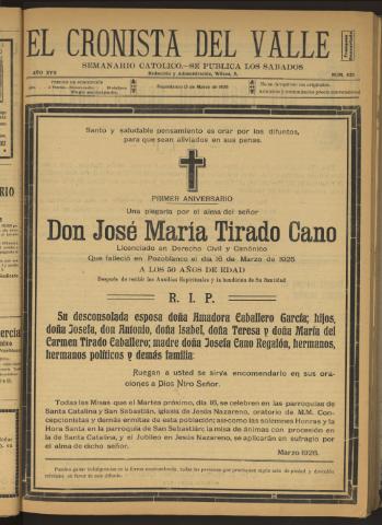 'El Cronista del Valle' - Época 1ª Año XVII Número 835 - 1926 marzo 13