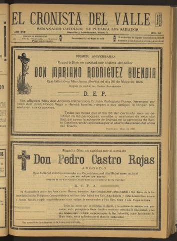 'El Cronista del Valle' - Época 1ª Año XVII Número 845 - 1926 mayo 22