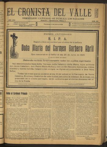 'El Cronista del Valle' - Época 1ª Año XVII Número 848 - 1926 junio 12