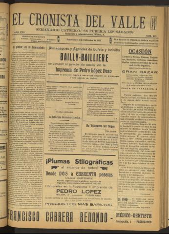 'El Cronista del Valle' - Época 1ª Año XVII Número 873 - 1926 diciembre 04
