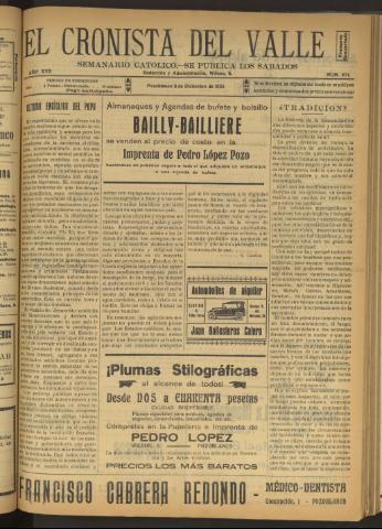 'El Cronista del Valle' - Época 1ª Año XVII Número 874 - 1926 diciembre 11