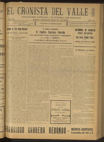 'El Cronista del Valle' - Época 1ª Año XIX Número 979 - 1928 diciembre 15