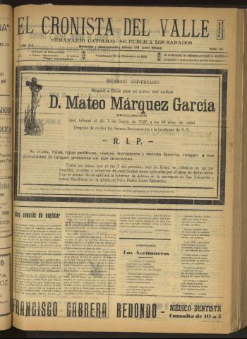 'El Cronista del Valle' - Época 1ª Año XIX Número 981 - 1928 diciembre 29