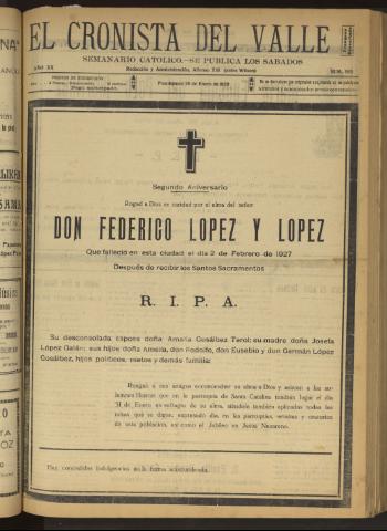 'El Cronista del Valle' - Época 1ª Año XX Número 985 - 1929 enero 26