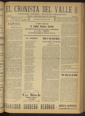'El Cronista del Valle' - Época 1ª Año XX Número 987 - 1929 febrero 09
