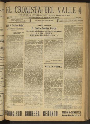 'El Cronista del Valle' - Época 1ª Año XX Número 988 - 1929 febrero 16