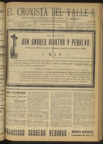 'El Cronista del Valle' - Época 1ª Año XX Número 989 - 1929 febrero 23