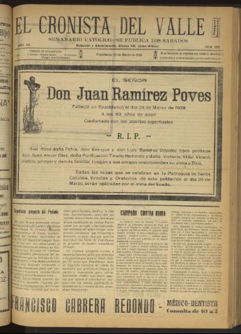 'El Cronista del Valle' - Época 1ª Año XX Número 993 - 1929 marzo 23