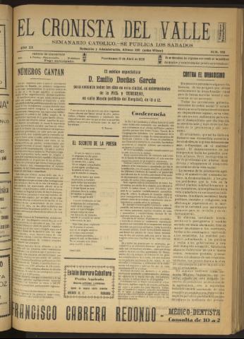 'El Cronista del Valle' - Época 1ª Año XX Número 996 - 1929 abril 13
