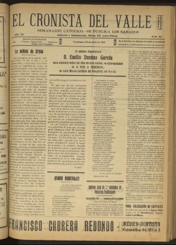 'El Cronista del Valle' - Época 1ª Año XX Número 997 - 1929 abril 20