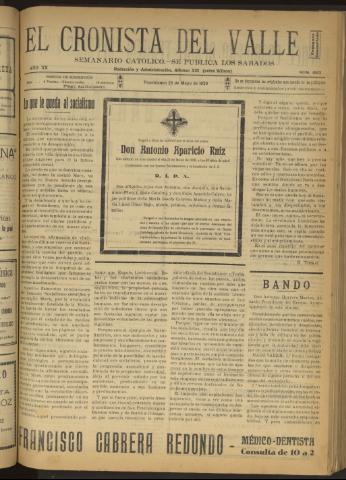'El Cronista del Valle' - Época 1ª Año XX Número 1002 - 1929 mayo 25