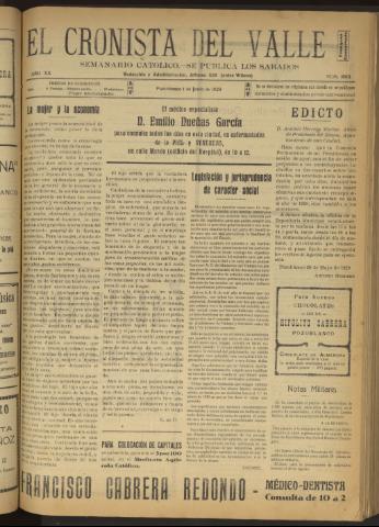 'El Cronista del Valle' - Época 1ª Año XX Número 1003 - 1929 junio 01