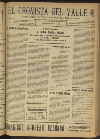 'El Cronista del Valle' - Época 1ª Año XX Número 1004 - 1929 junio 08