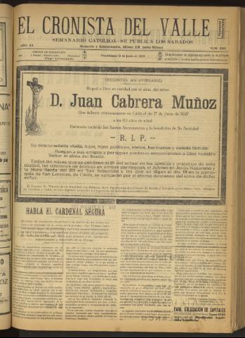 'El Cronista del Valle' - Época 1ª Año XX Número 1005 - 1929 junio 15