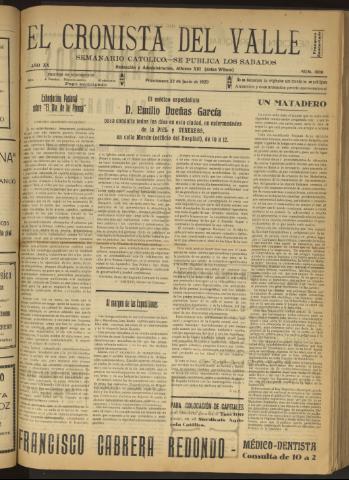 'El Cronista del Valle' - Época 1ª Año XX Número 1006 - 1929 junio 22