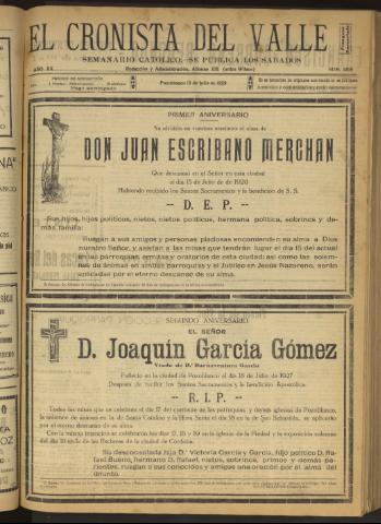 'El Cronista del Valle' - Época 1ª Año XX Número 1009 - 1929 julio 13