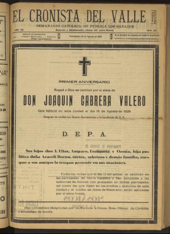 'El Cronista del Valle' - Época 1ª Año XX Número 1013 - 1929 agosto 10