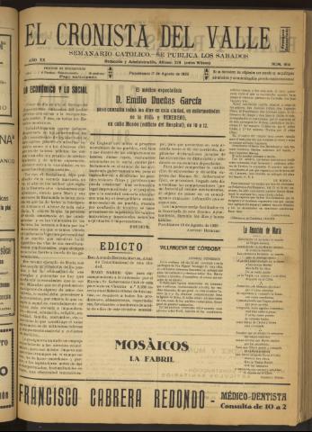 'El Cronista del Valle' - Época 1ª Año XX Número 1014 - 1929 agosto 17