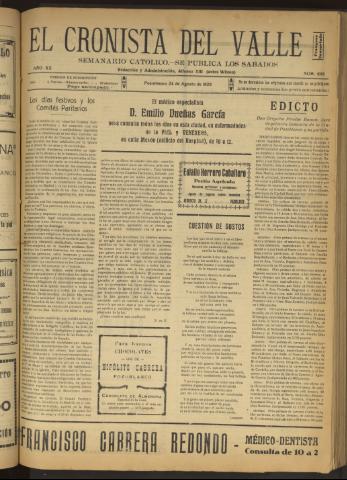 'El Cronista del Valle' - Época 1ª Año XX Número 1015 - 1929 agosto 24