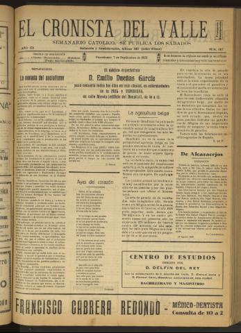 'El Cronista del Valle' - Época 1ª Año XX Número 1017 - 1929 septiembre 07