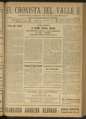 'El Cronista del Valle' - Época 1ª Año XX Número 1018 - 1929 septiembre 14