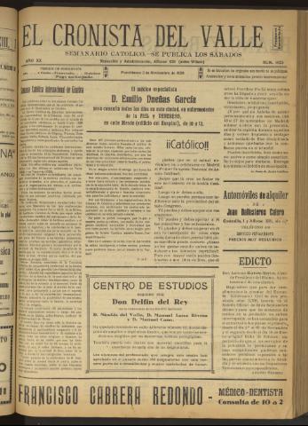 'El Cronista del Valle' - Época 1ª Año XX Número 1025 - 1929 noviembre 02