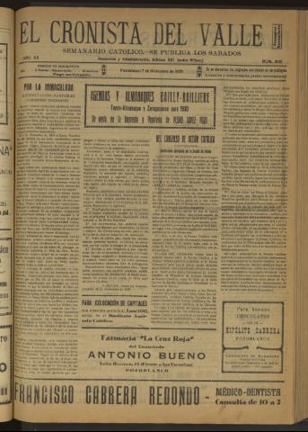 'El Cronista del Valle' - Época 1ª Año XX Número 1030 - 1929 diciembre 07