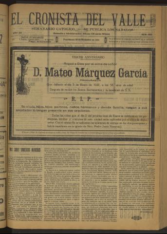 'El Cronista del Valle' - Época 1ª Año XX Número 1033 - 1929 diciembre 28