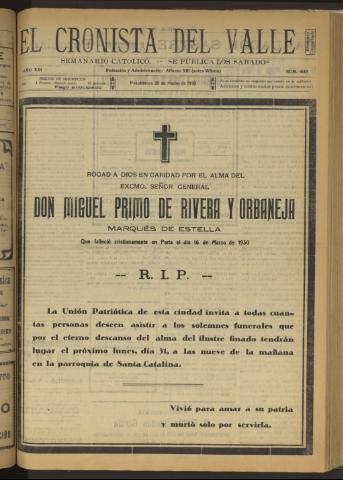 'El Cronista del Valle' - Época 1ª Año XXI Número 1046 - 1930 marzo 29