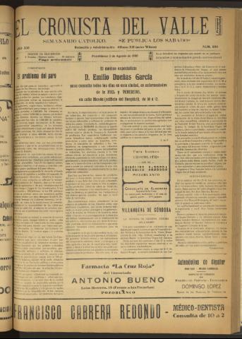 'El Cronista del Valle' - Época 1ª Año XXI Número 1064 - 1930 agosto 02