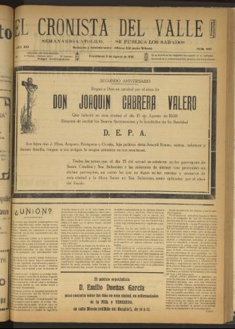 'El Cronista del Valle' - Época 1ª Año XXI Número 1065 - 1930 agosto 09