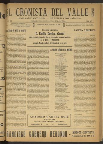 'El Cronista del Valle' - Época 1ª Año XXI Número 1071 - 1930 septiembre 20