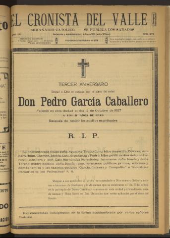 'El Cronista del Valle' - Época 1ª Año XXI Número 1073 - 1930 octubre 04