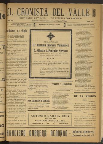 'El Cronista del Valle' - Época 1ª Año XXI Número 1076 - 1930 octubre 25