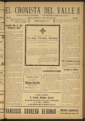 'El Cronista del Valle' - Época 1ª Año XXII Número 1094 - 1931 febrero 28