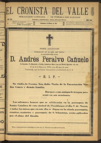 'El Cronista del Valle' - Época 1ª Año XXII Número 1095 - 1931 marzo 07