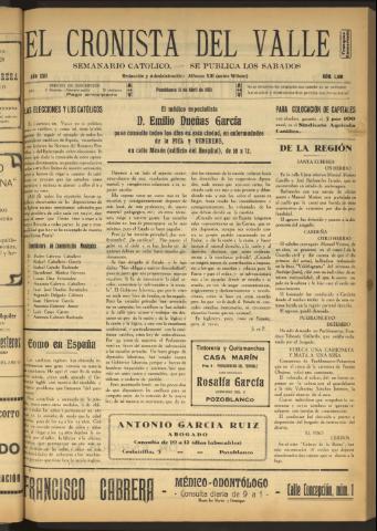 'El Cronista del Valle' - Época 1ª Año XXII Número 1100 - 1931 abril 11