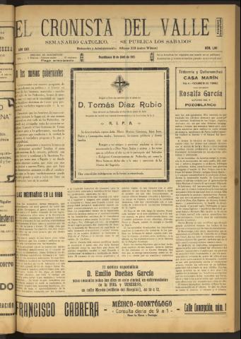 'El Cronista del Valle' - Época 1ª Año XXII Número 1101 - 1931 abril 18