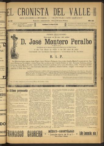 'El Cronista del Valle' - Época 1ª Año XXII Número 1103 - 1931 mayo 02